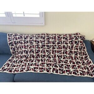 VTG Handmade Afghan Grannycore Squares Crochet Sofa Lap Throw Blanket 63” X‎ 37”